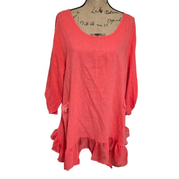 Kaktus Coral Crochet Floral Trim Linen Blend Tunic Plus Size XXL NEW - Picture 1 of 8